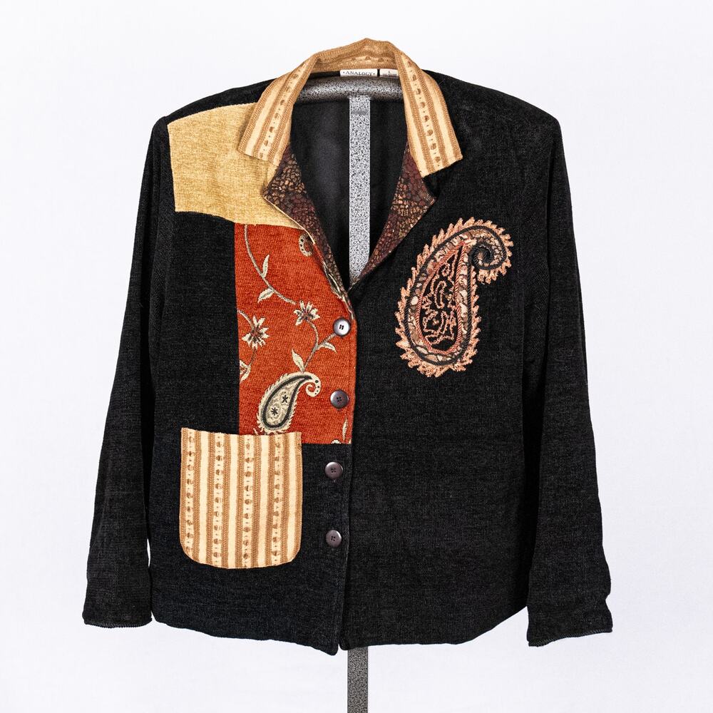 Vintage Mixed-Media Patchwork Jacket Blazer LARGE Colorblock Paisley Western